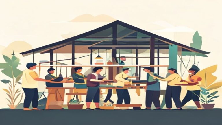 Ilustrasi proses mendirikan BUMDes, dimulai dari perencanaan hingga operasional, dengan warga desa dan perangkat desa berdiskusi di sekitar papan tulis besar.